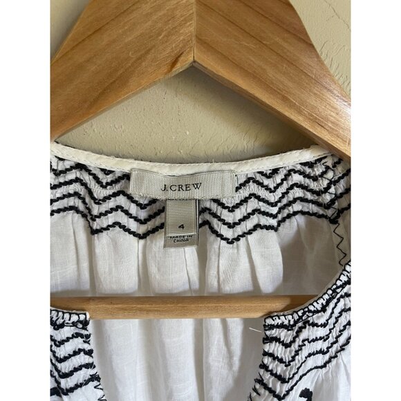 J. Crew Size 4 Cream Black Embroidered Peasant Top 46815 100% Cotton Short Sleev - Picture 4 of 6